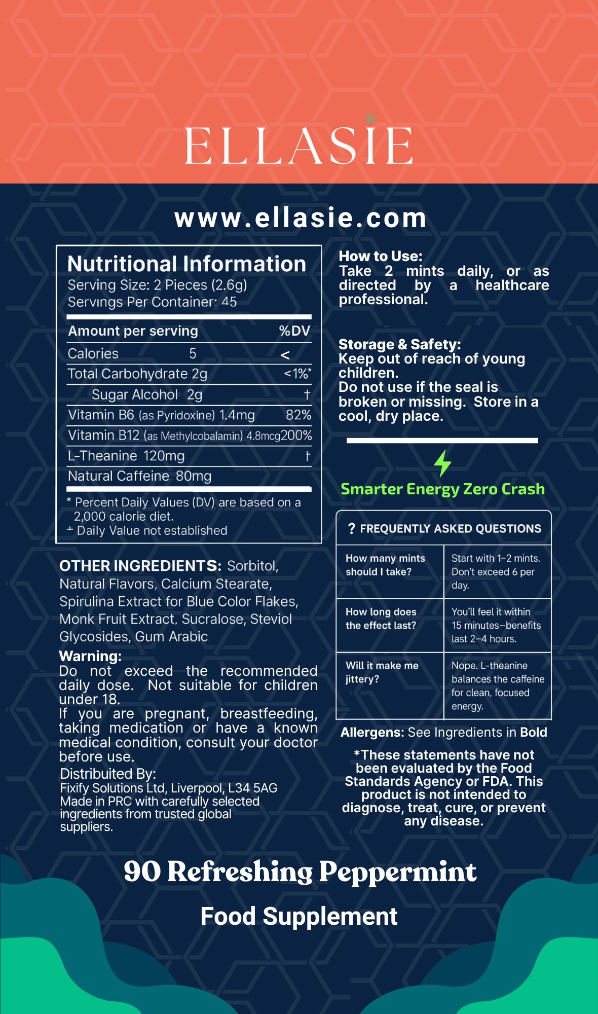 ELLASIE NeuroCharge Energy & Focus Gum (Peppermint, 90 Pieces) | 80mg Natural Caffeine + L-Theanine + Vitamin B12 & B6 | Sugar Free Nootropic Cognitive Brain Performance Supplement