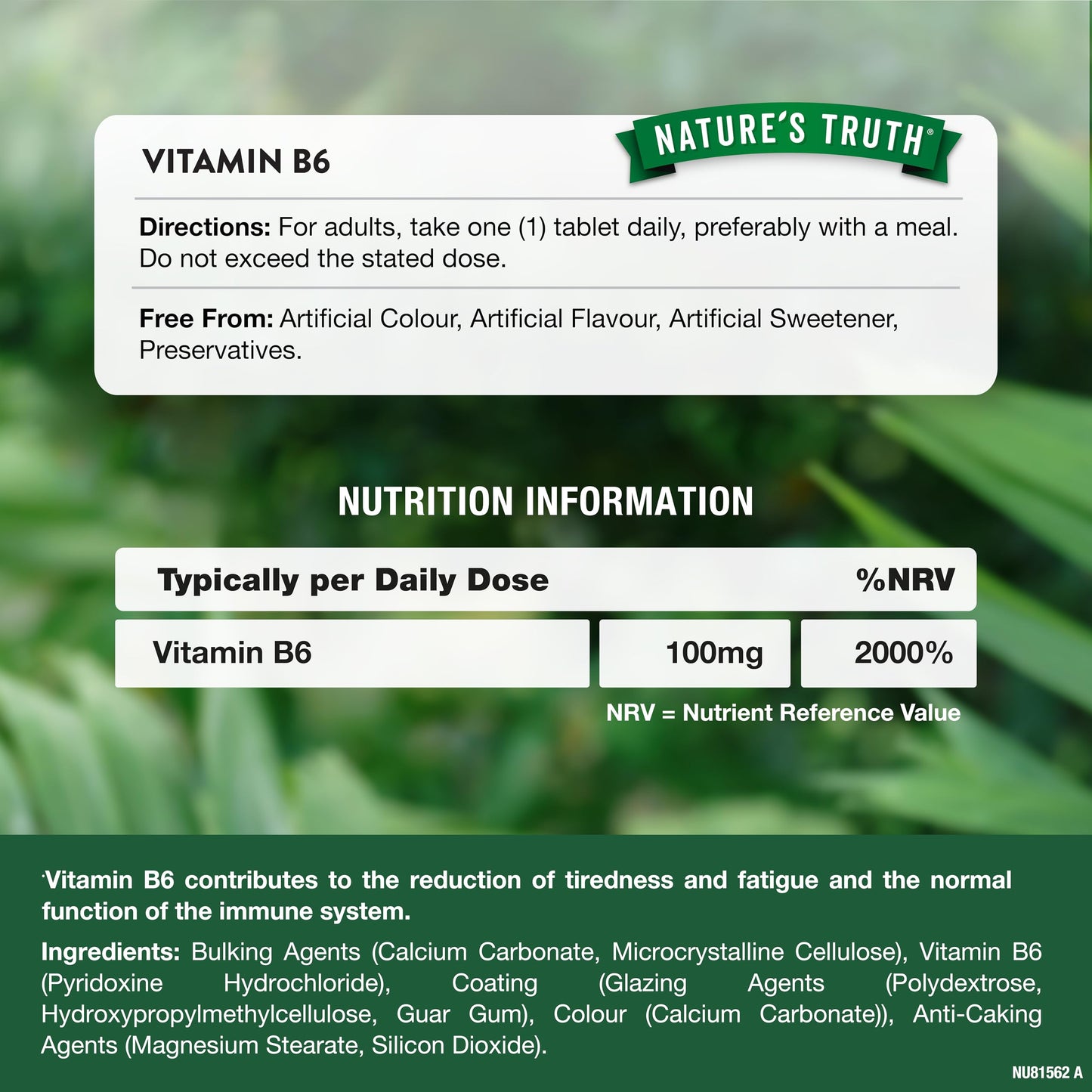 Nature's Truth Vitamin B6 100mg - 60 Vegan Tablets - for Fatigue & Immune Support