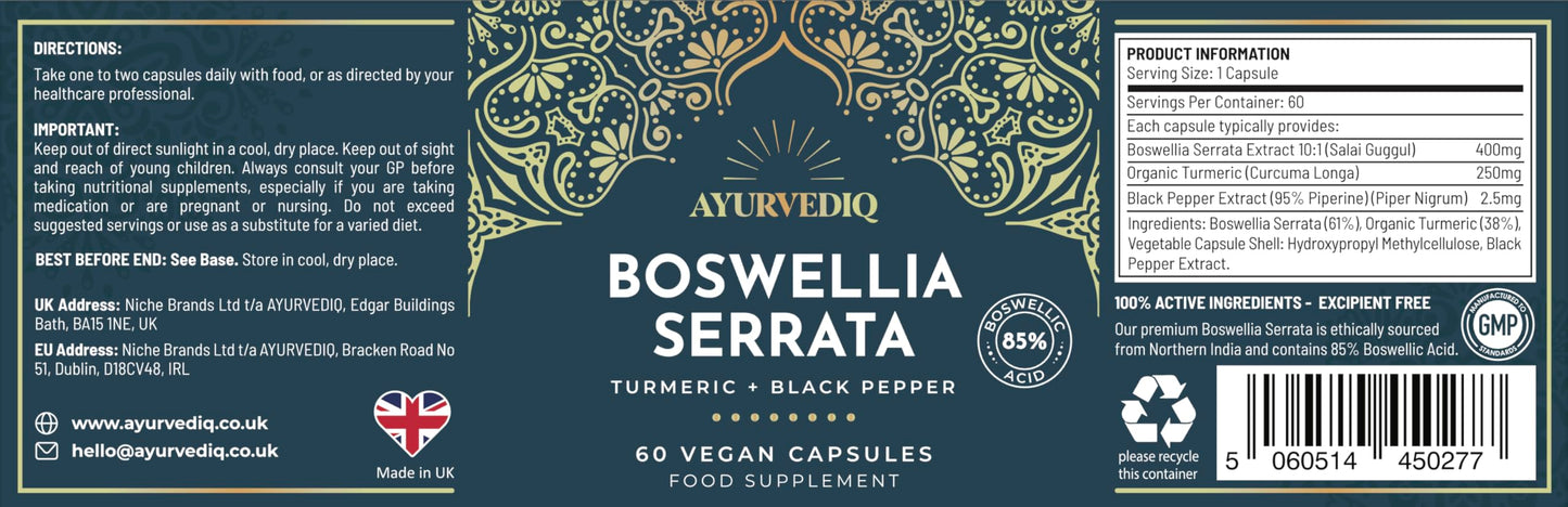 AYURVEDIQ WELLNESS Ayurvediq Boswellia Serrata and Turmeric with Black Pepper Piperine Capsules – 60 Vegan Organic Turmeric Curcumin Capsules a Natural Anti Inflammatory Supplement Joint Support - Ayurvedic Products