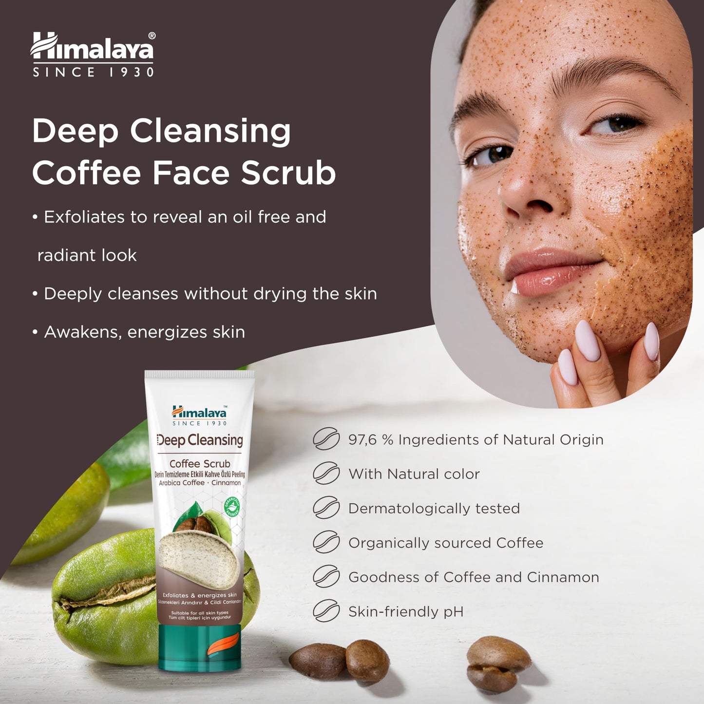 Himalaya Since 1930 Himalaya Deep Cleansing Coffee Face Scrub with Coffee and Cinnamon for Gently Exfoliated and Purified Skin with Radiant, Oil-Free Glow, 75ml