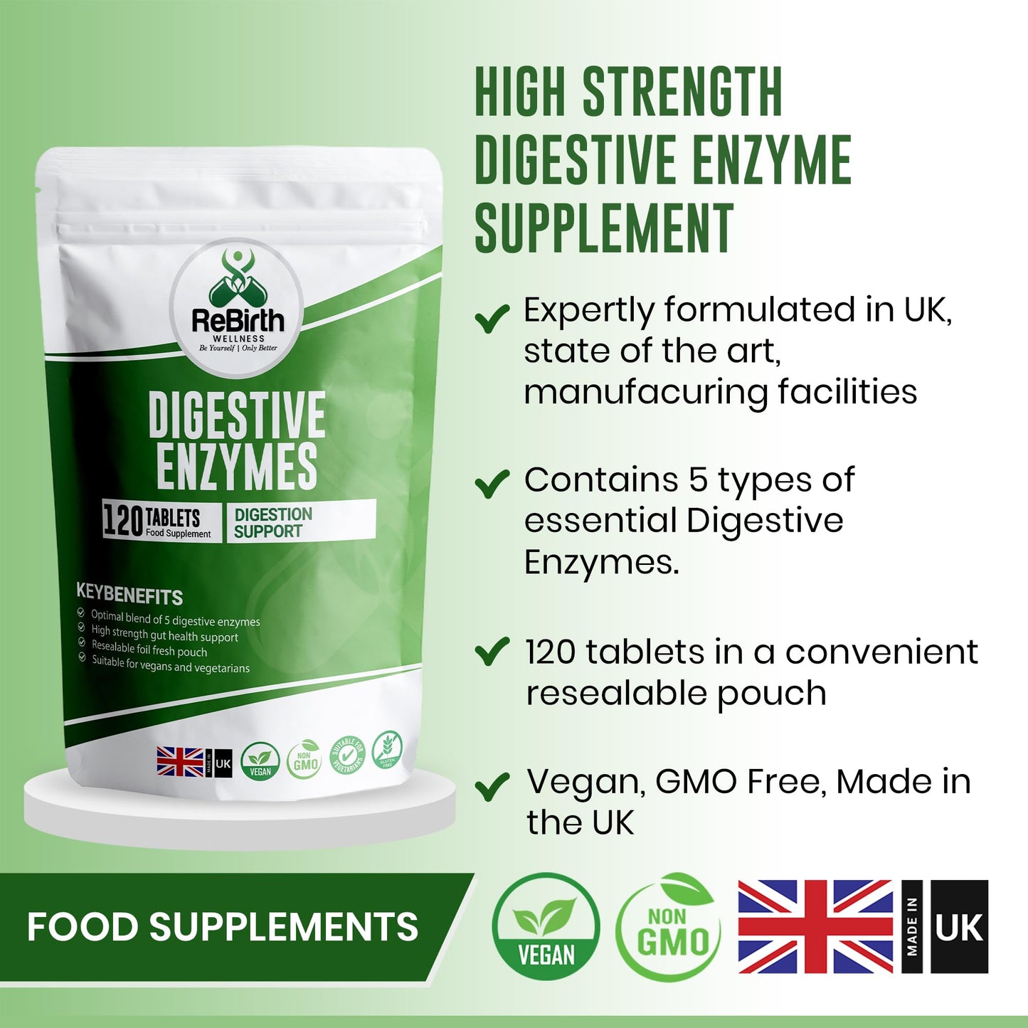 REBIRTH WELLNESS BE YOURSELF | ONLY BETTER Digestive Enzyme Supplements - 120 Tablets for Optimal Gut Health - Contains DigeZyme, Lactase, Protease - Promotes Healthy Digestion, Essential Digestive Enzymes - UK Made, Vegan