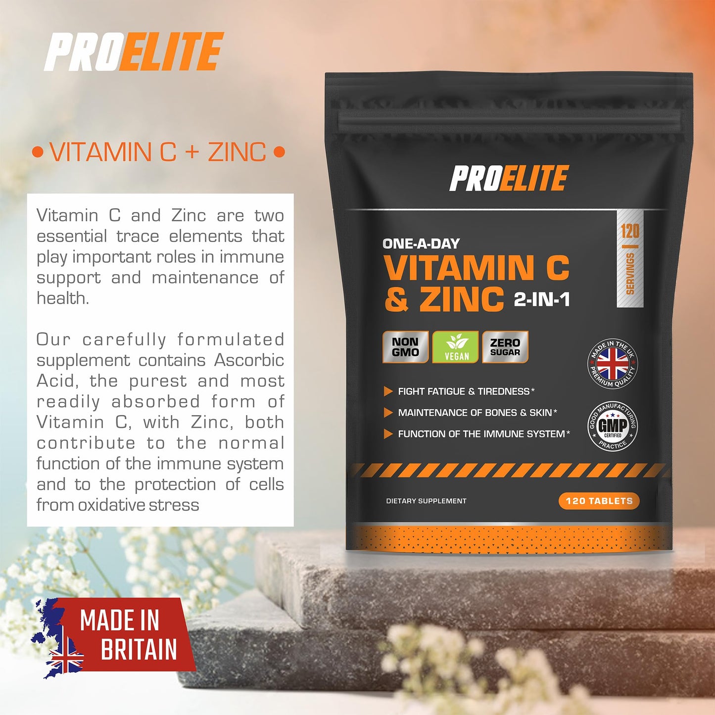 Vitamin C and Zinc 360 Tablets Vegan - Ascorbic Acid with Added Zinc - Maintenance of Normal Immune System - High Strength Vitamin C & Zinc Capsule & Powder Alternative by PROELITE
