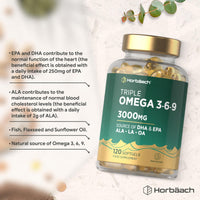 Horbäach Triple Omega 3 6 9 Capsules 3000mg ALA, LA & OA | 120 Softgels | High Strength EPA & DHA Essential Fatty Acids | Supplement with Fish Oil, Flaxseed & Sunflower Oil | by Horbaach