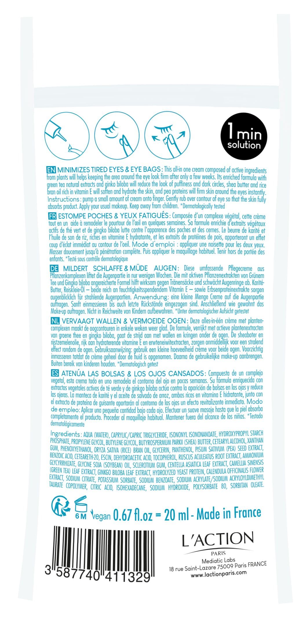 L'Action Paris All In One Eye Bag Minimiser, Natural Plant Based Cream Minimises Tired Eyes and Eye Bags, Vitamin E Softens and Hydrates Skin, Youthful Complexion, 20ml