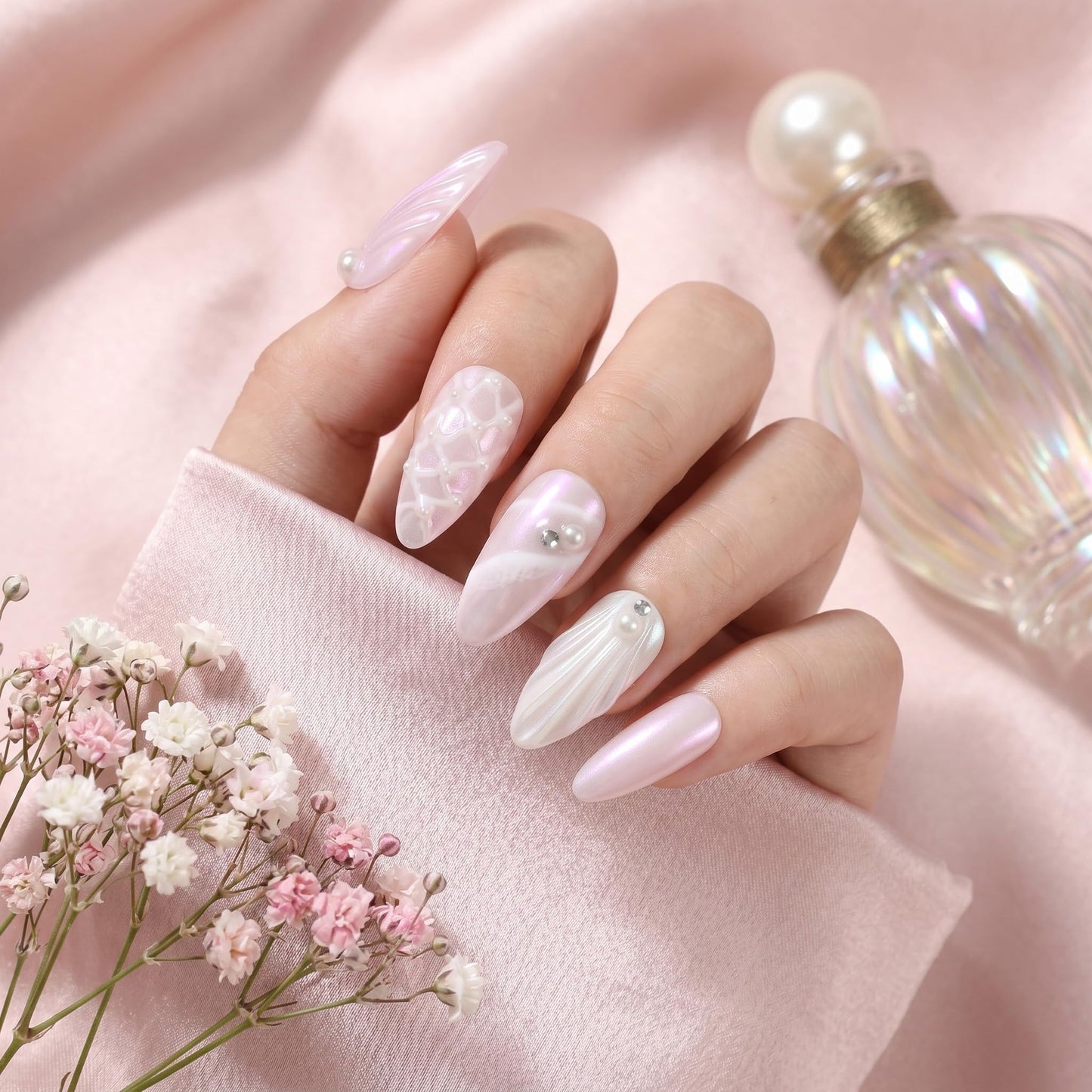Sun&Beam Nails Handmade Press-on Medium Long Amlond Pink White 3D Rhinestone Sweet Design Fashion False Nail Tips 10 Pcs Set (#011 M)