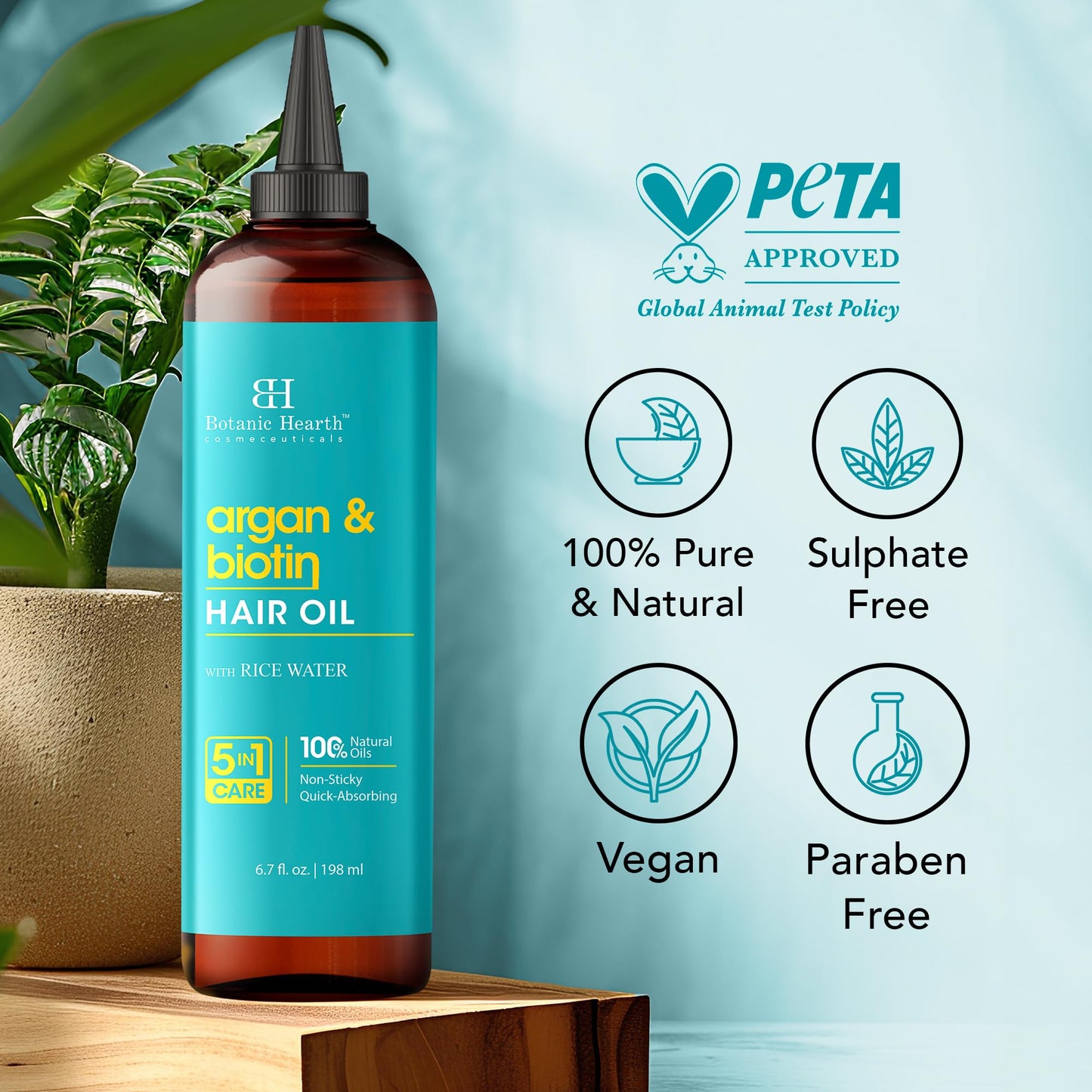 Botanic Hearth Argan & Biotin Hair Oil - 6.7 fl oz - Strengthening and Nourishing Hair Treatment for Thicker, Fuller-Looking Hair - Paraben Free - For All Hair Types