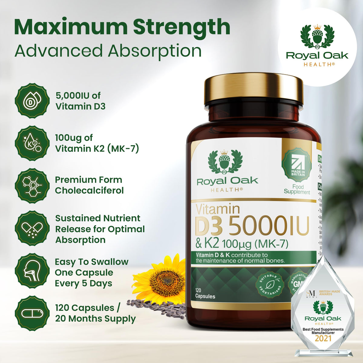 Vitamin D3 5000 IU & Vitamin K2 100mcg (MK-7) x120 Capsules - High Strength Vitamin D & K2 Supplement for Men & Women, Made in the UK by Royal Oak Health