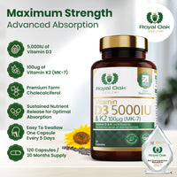 Vitamin D3 5000 IU & Vitamin K2 100mcg (MK-7) x120 Capsules - High Strength Vitamin D & K2 Supplement for Men & Women, Made in the UK by Royal Oak Health