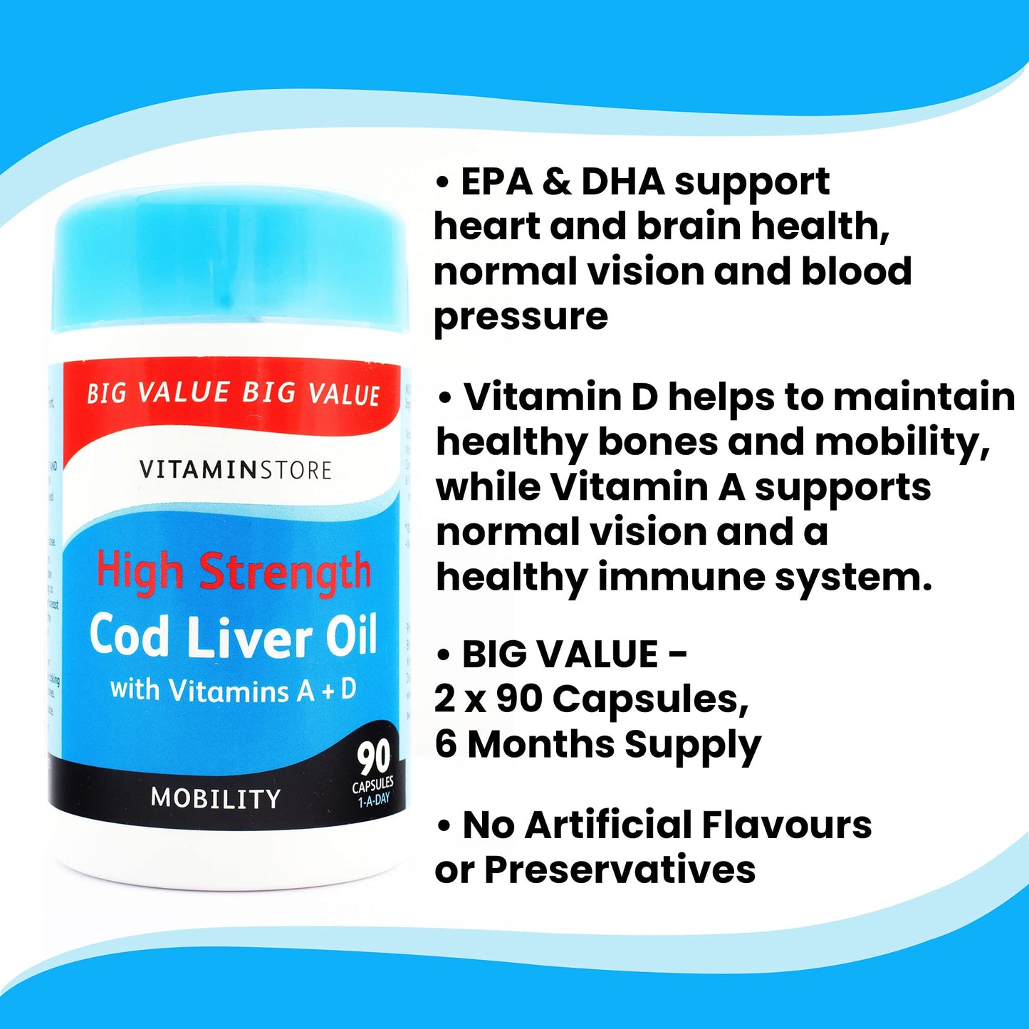 Vitamin Store Cod Liver Oil High Strength 1000mg with Vitamins A & D, 90 Capsules per Tub, Pack of 2 Tubs, 6 Months Supply