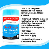 Vitamin Store Cod Liver Oil High Strength 1000mg with Vitamins A & D, 90 Capsules per Tub, Pack of 2 Tubs, 6 Months Supply