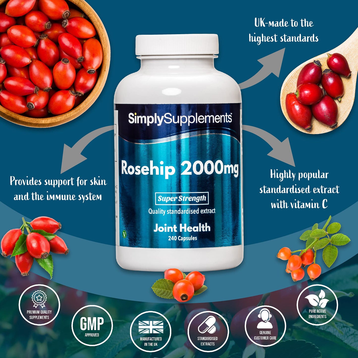 Simply Supplements Rosehip Capsules 2000mg | 240 Rosehip Extract Capsules = Up to 8 Month Supply | With Added Vitamin C to Support Joint Cartilage & Immune Function | Vegan & Vegetarian Friendly | Manufactured in the UK