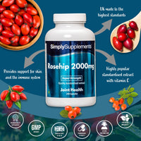 Simply Supplements Rosehip Capsules 2000mg | 240 Rosehip Extract Capsules = Up to 8 Month Supply | With Added Vitamin C to Support Joint Cartilage & Immune Function | Vegan & Vegetarian Friendly | Manufactured in the UK