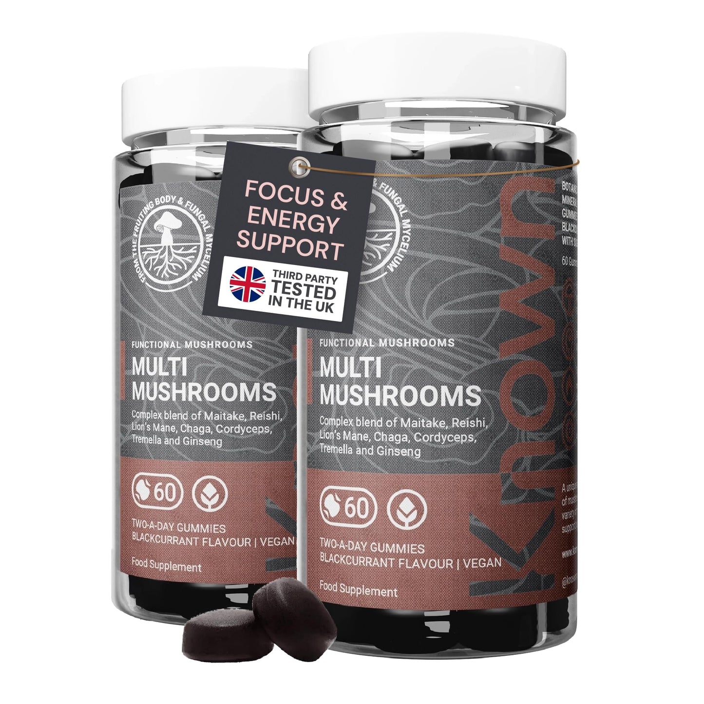 Known Tasty Multi Mushrooms Gummies - Lion’s Mane, Cordyceps - Immunity & Energy - Natural Blackcurrant Flavour - 60 Vegan Gummies, 2 Months Supply