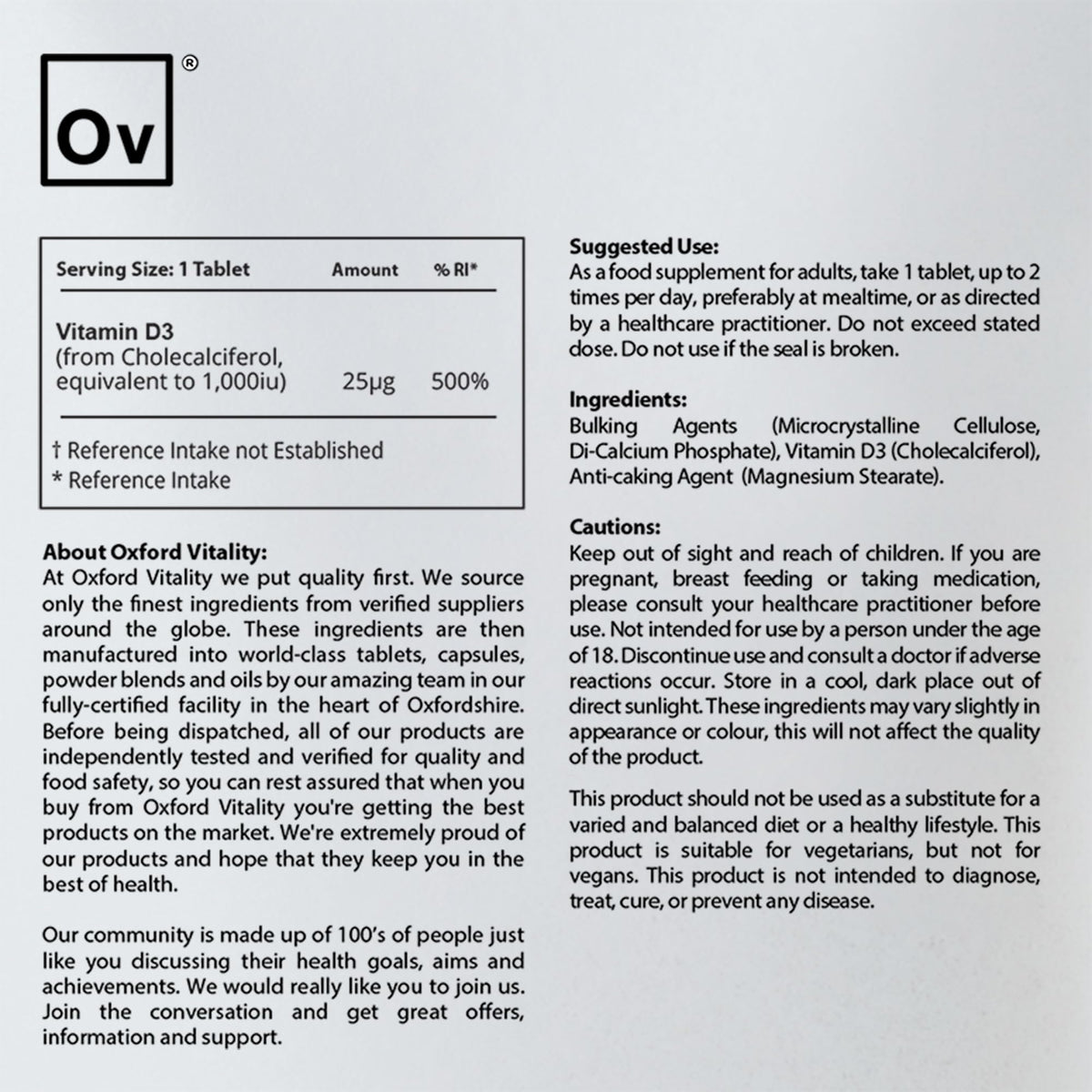 Ov OXFORD VITALITY Vitamin D3 Tablets | 1000 iu Supplement for Immune & Bone Health | Oxford Vitality