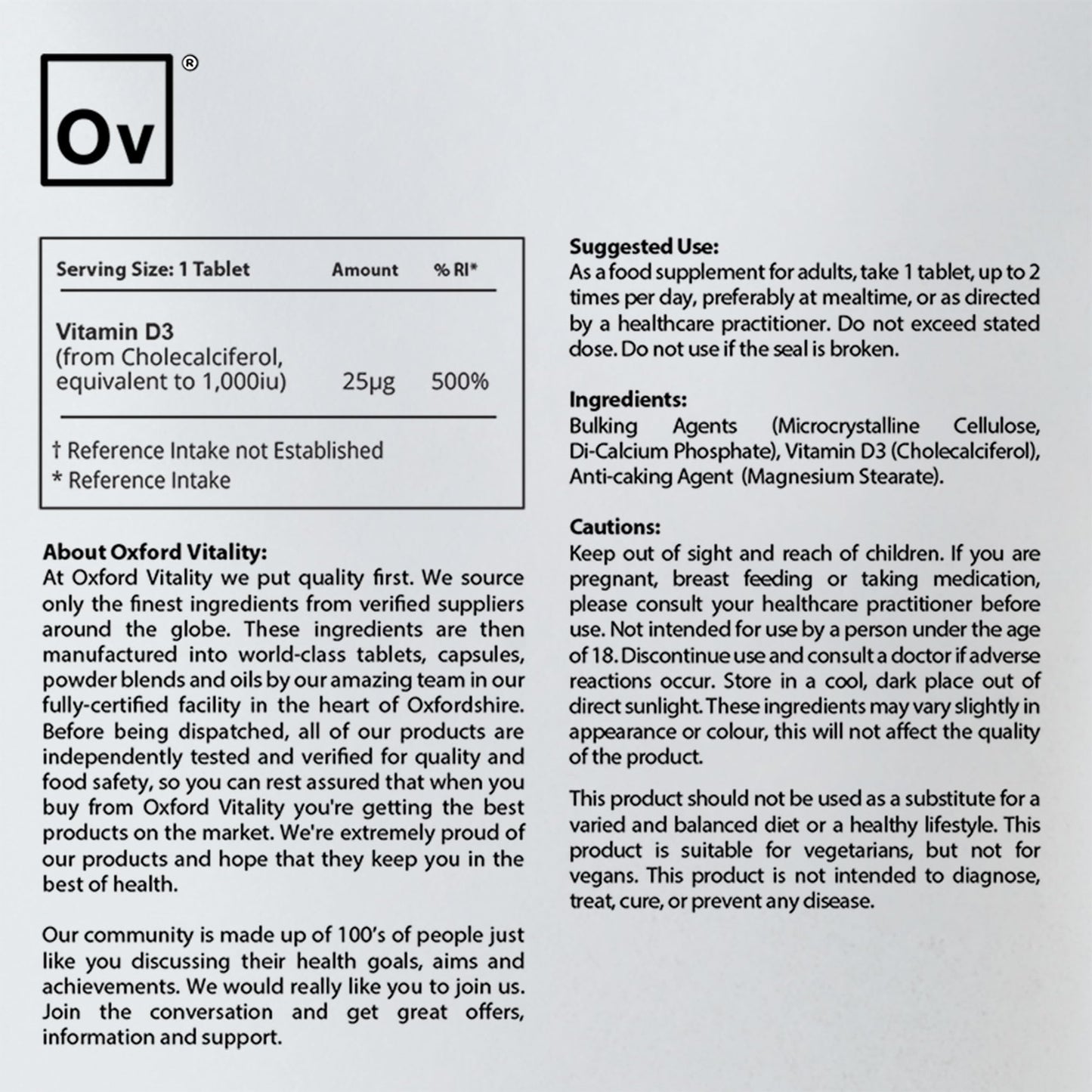Ov OXFORD VITALITY Vitamin D3 Tablets | 1000 iu Supplement for Immune & Bone Health | Oxford Vitality