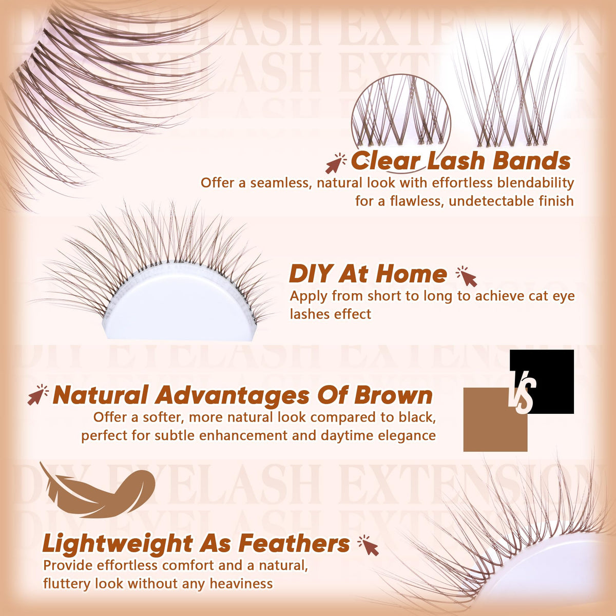 ALICROWN HAIR Brown Lash Clusters Natural Eyelash Clusters Wispy Individual Lash Extensions Brown Eyelash Extensions with Clear Bands Short DIY Eyelash Extensions at Home 100Pcs 8mm-16mm