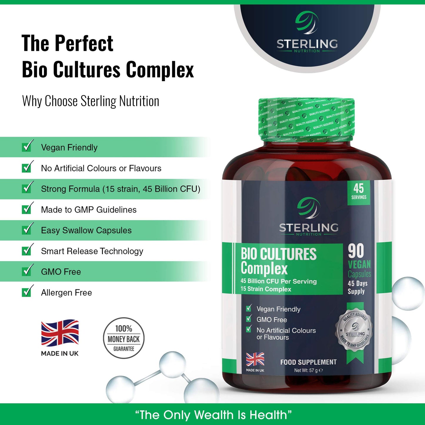 STERLING NUTRITION Bio Cultures Probiotic Complex with 45 Billion CFU with 15 Live Bacteria Strains - Digestive Enzyme Supplements - 90 Super Strength Vegan Capsules - Made in UK - by Sterling Nutrition