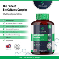 STERLING NUTRITION Bio Cultures Probiotic Complex with 45 Billion CFU with 15 Live Bacteria Strains - Digestive Enzyme Supplements - 90 Super Strength Vegan Capsules - Made in UK - by Sterling Nutrition