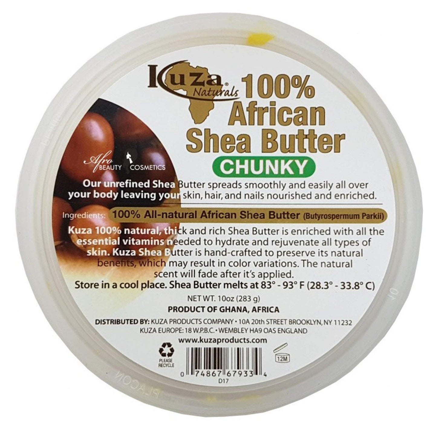KUZA 100% PURE AFRICAN SHEA BUTTER CHUNKY 283gm FOR SKIN, HAIR & NAILS