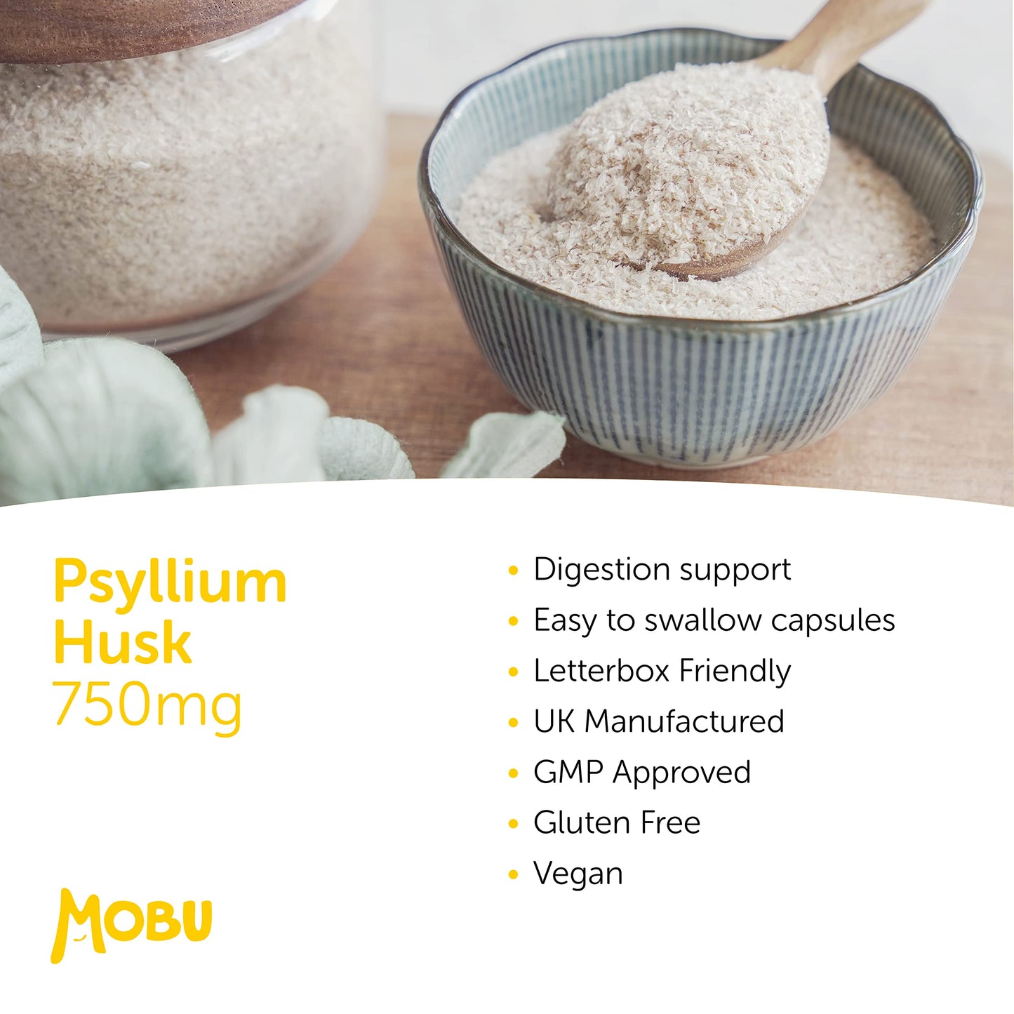 Psyllium Husk 750mg 120 Capsules | Fibre Supplement | High in Soluble Fibre | Digestion Support | Vegan UK Made | GMP Approved | MOBU
