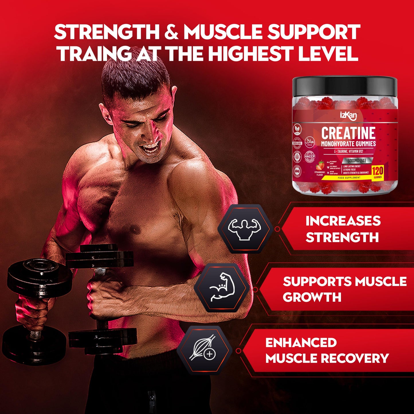Izkan Creatine Gummies 5000mg (5G) for Men & Women - 120 Chewable Creatine Monohydrate Gummies Strawberry Flavoured | Pre Workout Gym Supplement| Muscle Boost| 4 Per Day - Vegan & Halal (2X)