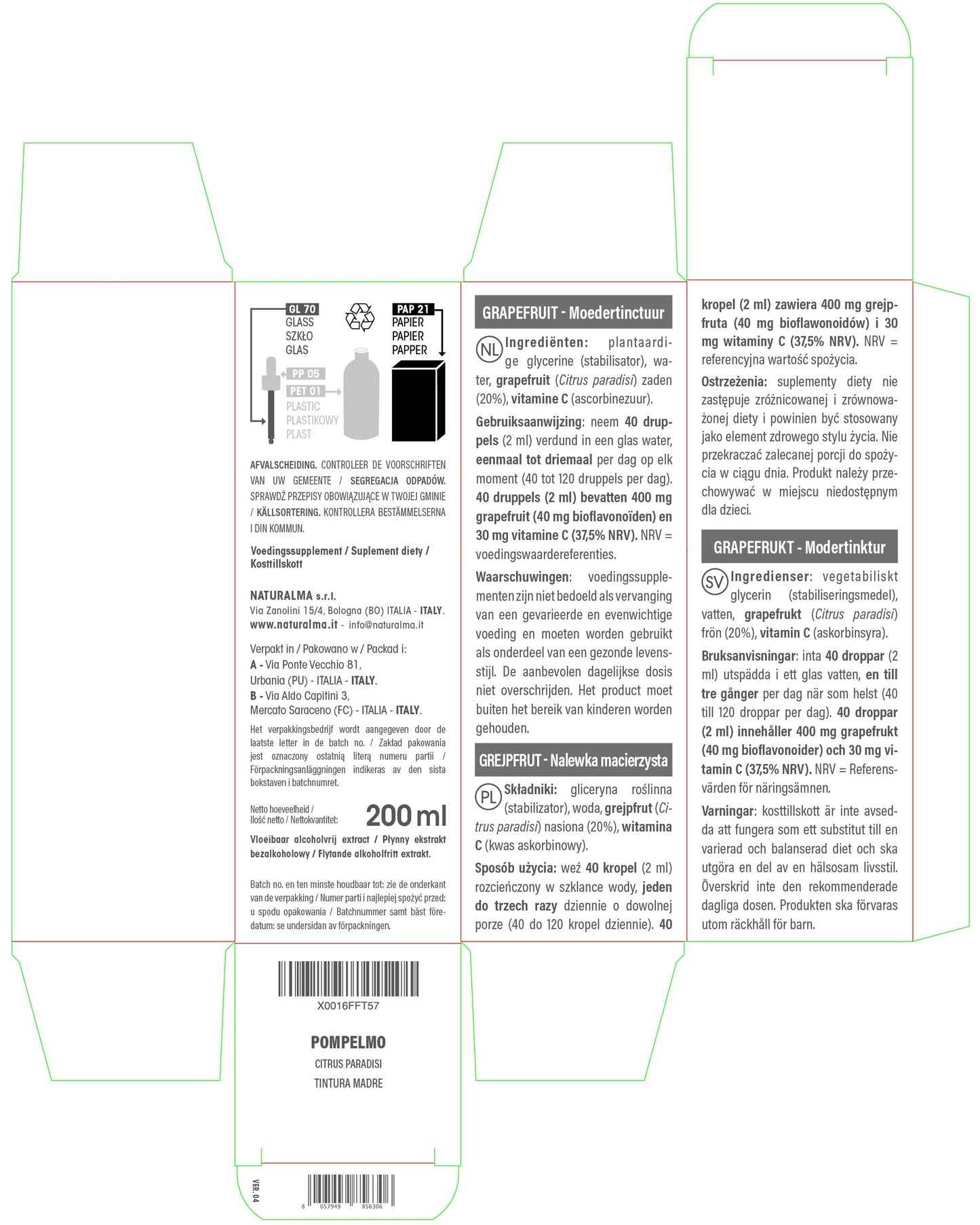 Grapefruit (Citrus paradisi) Seeds Alcohol-Free Mother Tincture Naturalma | Enriched with Vitamin C | Liquid Extract Drops 200 ml | Food Supplement | Vegan