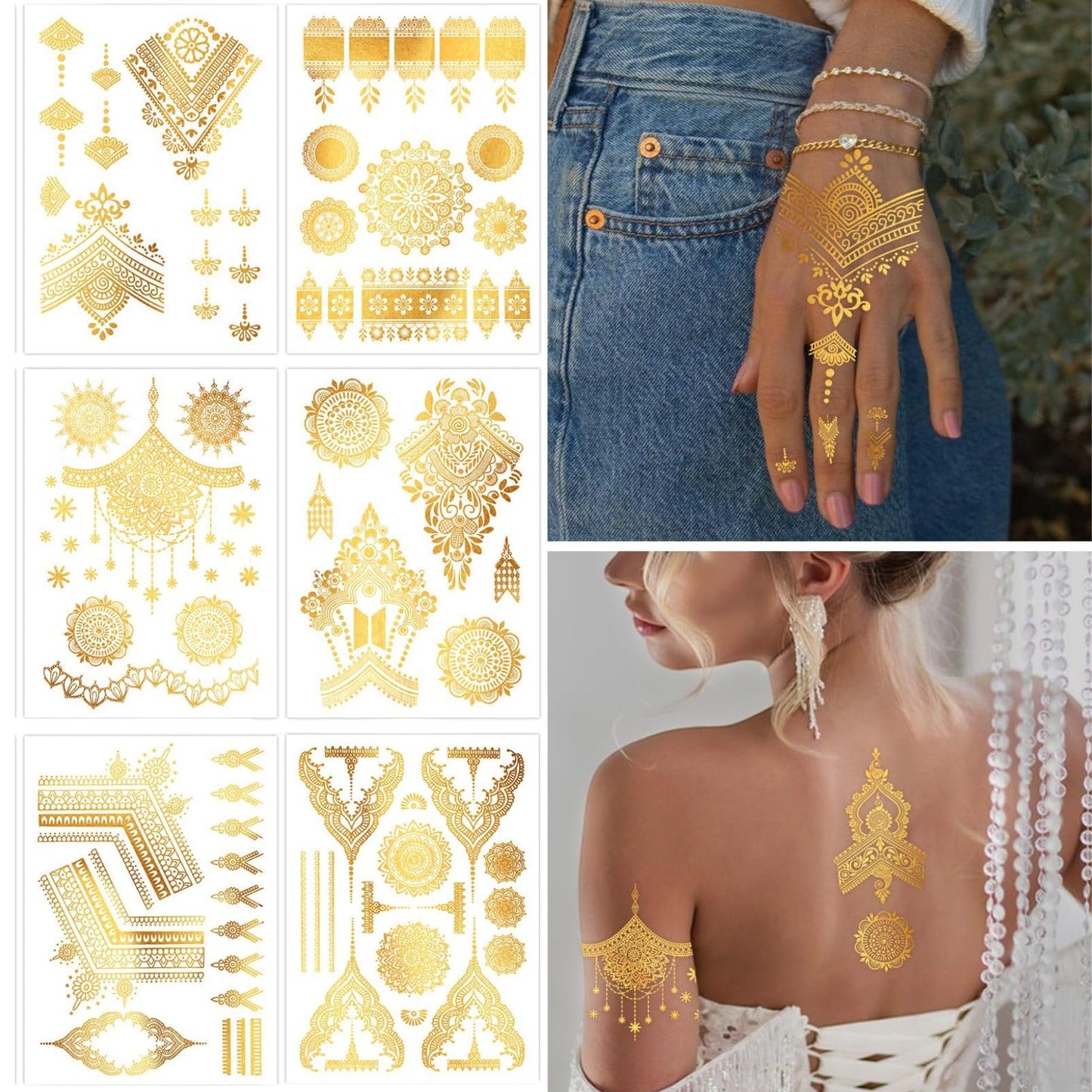 SHEBEEDO 9 Sheets Gold Metallic Temporary Tattoos,110+ Shimmer Glitter Designs Floral, Mandala,necklaces,Waterproof Long Lasting Body & Face Art Sticker for Women & Girls, Festival, Party, Beach, Cosplay