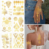 SHEBEEDO 9 Sheets Gold Metallic Temporary Tattoos,110+ Shimmer Glitter Designs Floral, Mandala,necklaces,Waterproof Long Lasting Body & Face Art Sticker for Women & Girls, Festival, Party, Beach, Cosplay