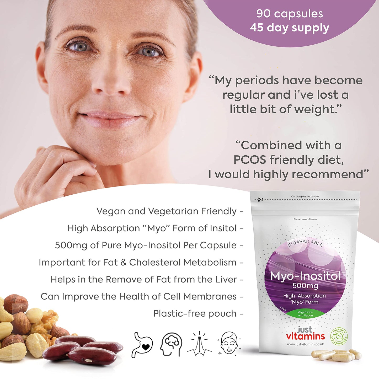 Myo-Inositol Capsules - 500mg x90 Capsules - Pure Premium Quality Myo Inositol Vitamin B8 - Female Hormone, Fertility, PCOS, Ovarian Function and Cycle Support Supplement by Just Vitamins. UK Made