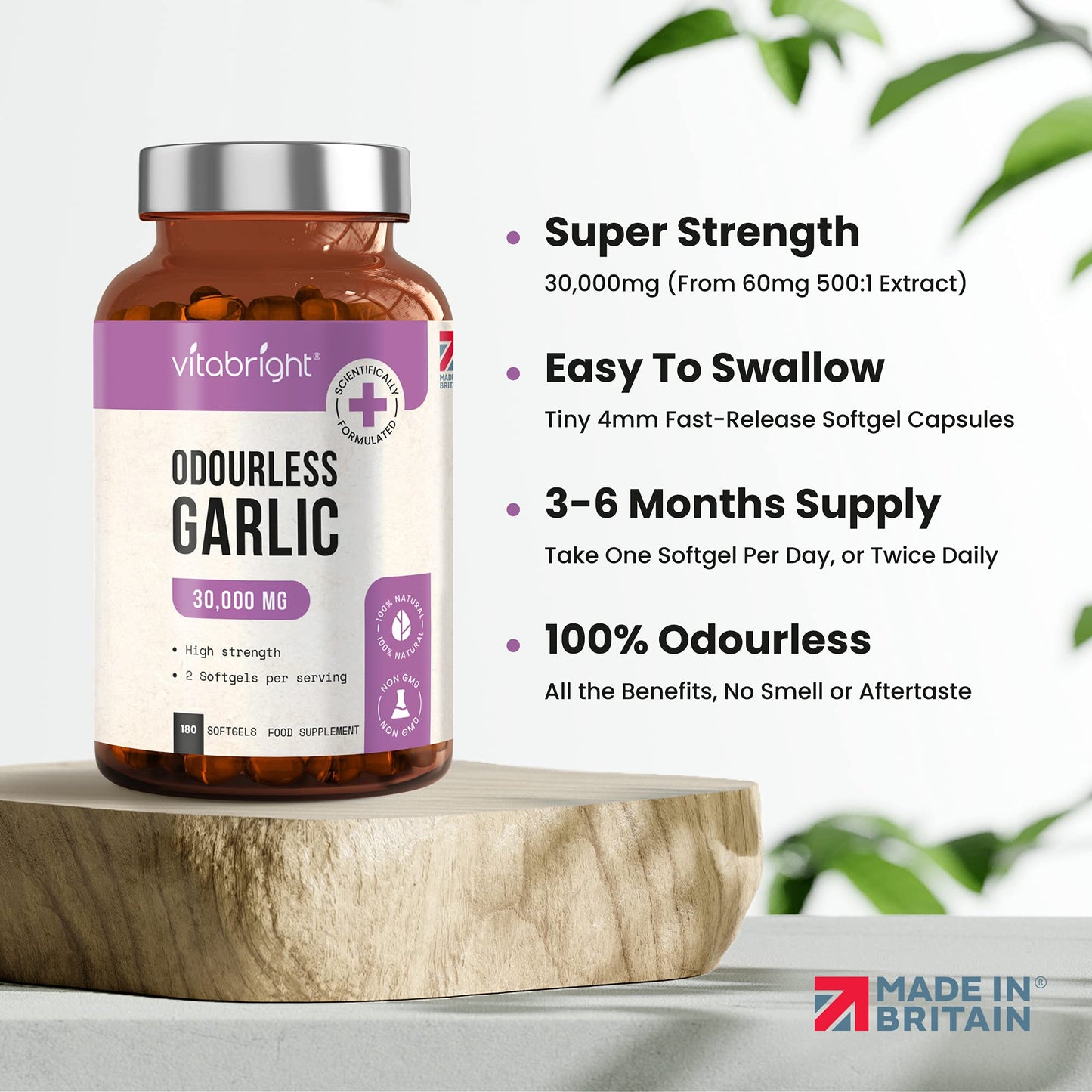 Odourless Garlic Capsules - High Strength 30,000mg - 180 Deodourised Garlic Oil Softgels – High in Allicin Garlic Supplement - 100% Natural Cold Pressed Garlic Tablets – Immune Support - Made in UK