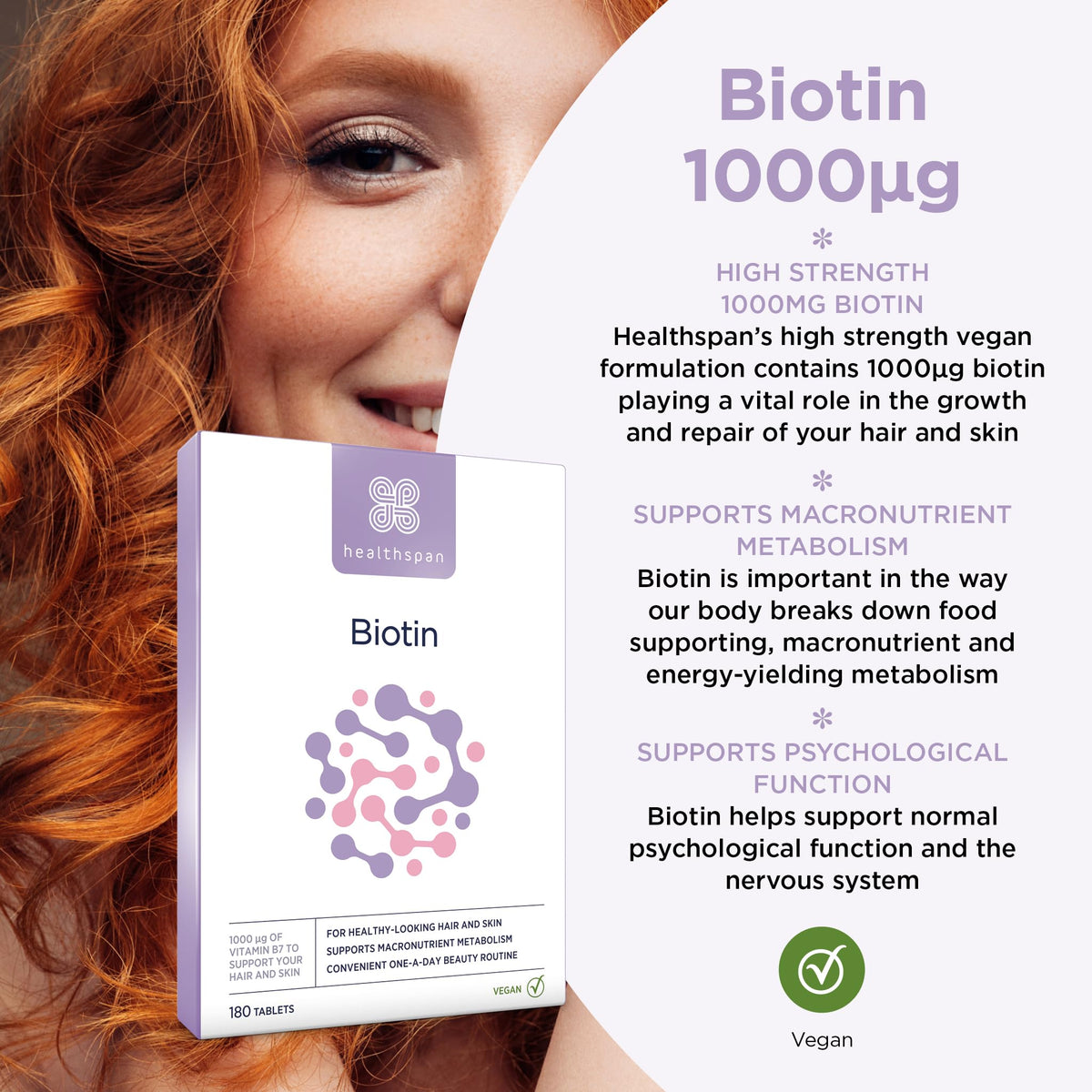 Healthspan Biotin 1,000μg (6 Months Supply) | Vitamin B for Healthy Hair & Skin | Supports Macronutrient Metabolism | One-a-Day Tablets | Vegan