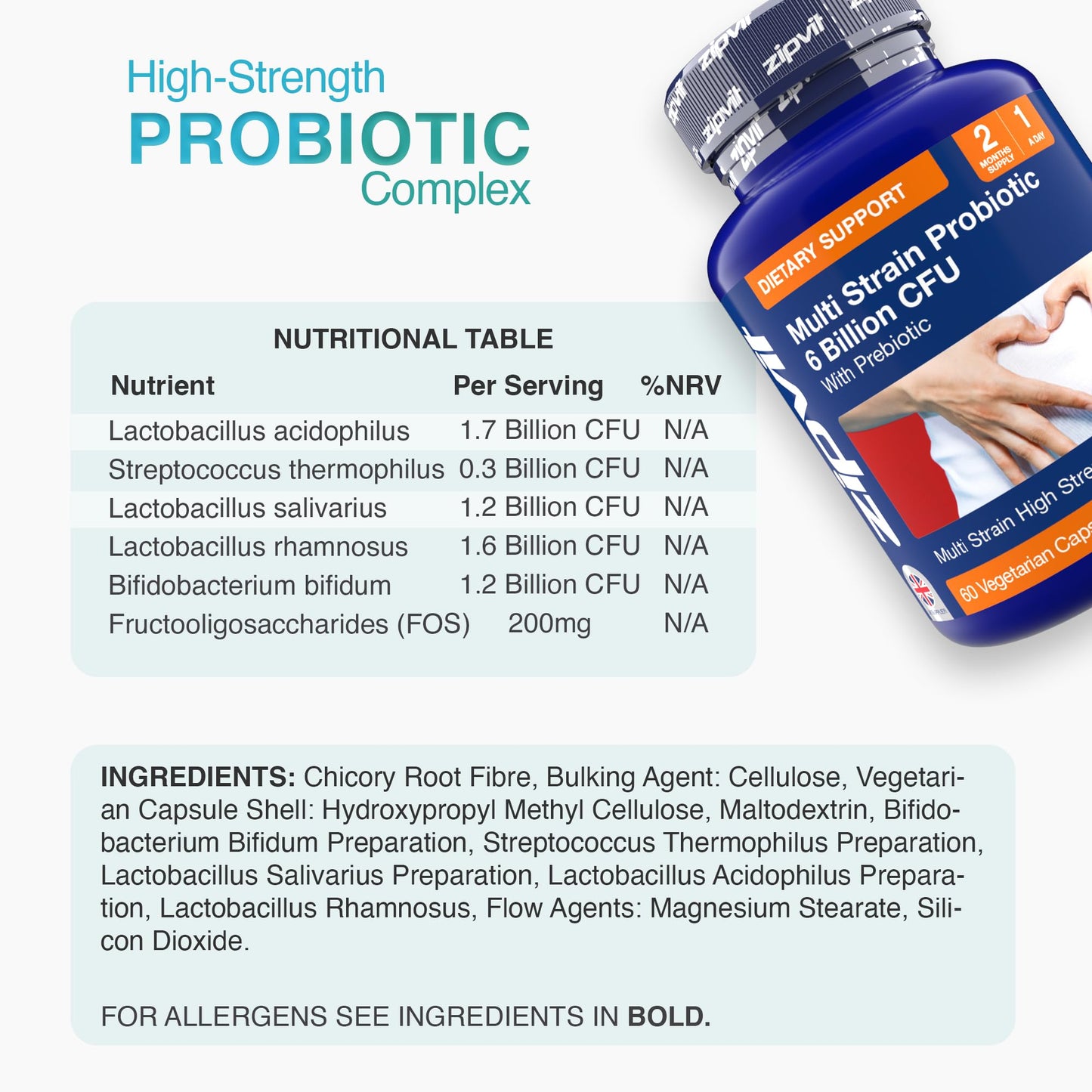 Zipvit Probiotics 6 Billion CFU with Prebiotic, Includes Lactobacillus & Bifidobacterium, Multi Strain Probiotic, 60 Vegetarian Capsules, 2 Months Supply
