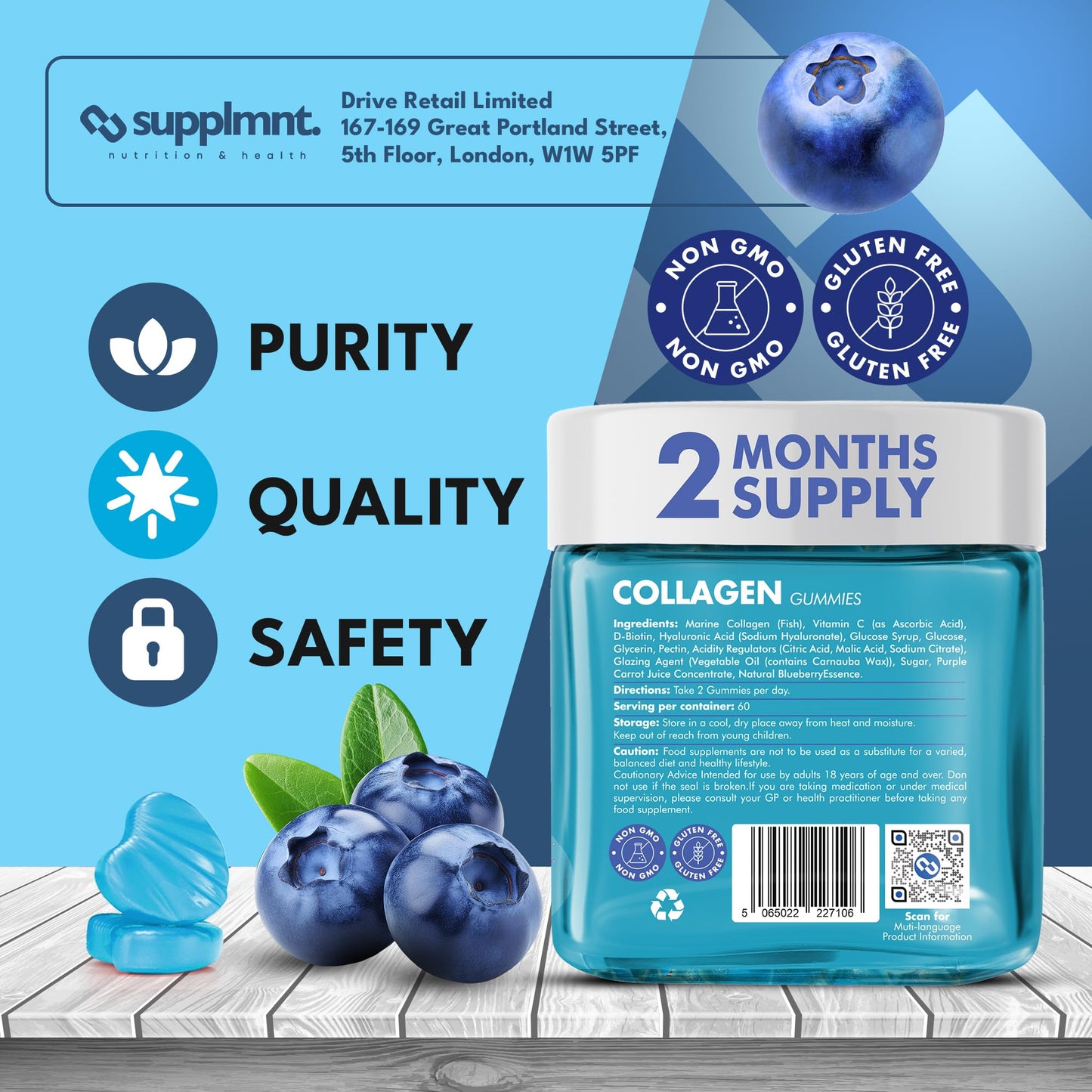 supplmnt. Supplmnt. Marine Collagen Gummies, Hydrolysed Collagen Peptides with Biotin, Hyaluronic Acid & Vitamin C, Supplements for Women & Men, for Skin, Hair & Nails, Blueberry
