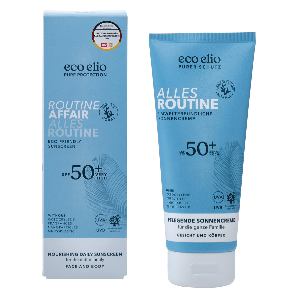 ecoelio eco elio SPF 50+ Face & Body Sunscreen – 200ml "Routine Affair" | Natural Face Sun Cream | Reef Safe, Fragrance-Free, No Octocrylene or Microplastics | Eco Skincare for Sensitive Skin I Organic