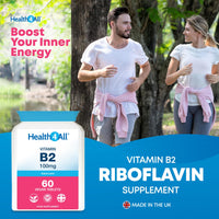 Health4All Vitamin B2 Riboflavin 100mg 60 Tablets - Energy, Stress and Migraine Support, Contributes to Reduction of Tiredness & Fatigue, Vegan, Gluten-Free VitB2 Supplement | Made in UK