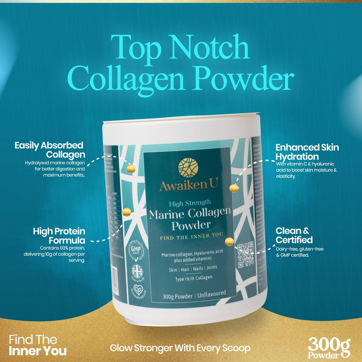 High Strength Marine Collagen Powder with Hyaluronic Acid–Unflavoured Hydrolysed Collagen Peptides Type 1 & 3 Biotin, VIT C & B Complex –10g per Scoop-300g- UK Made- AwaikenU