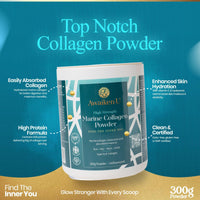High Strength Marine Collagen Powder with Hyaluronic Acid–Unflavoured Hydrolysed Collagen Peptides Type 1 & 3 Biotin, VIT C & B Complex –10g per Scoop-300g- UK Made- AwaikenU