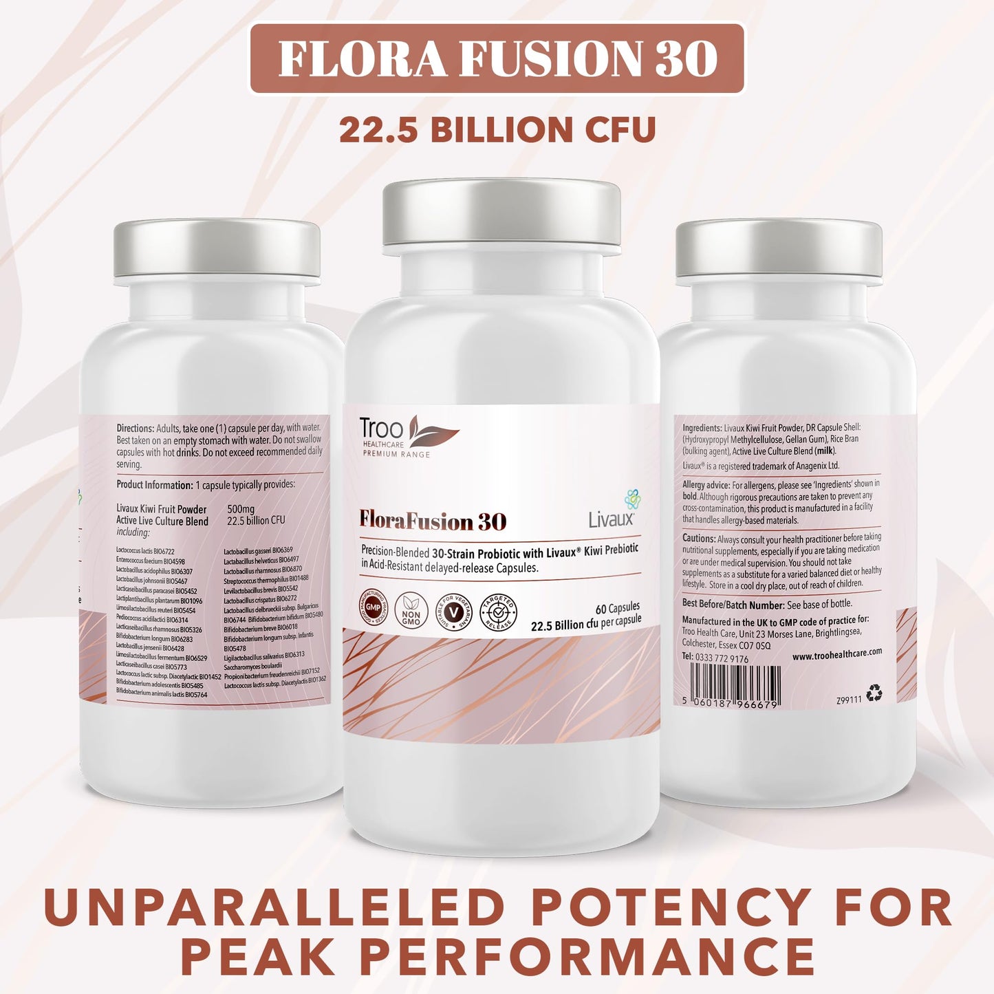 FloraFusion 30 Elite Advanced Probiotic and Livaux Prebiotic Active Cultures Supplement - 60 Capsules - 30 probiotics Strains (22.5 Billion CFU)