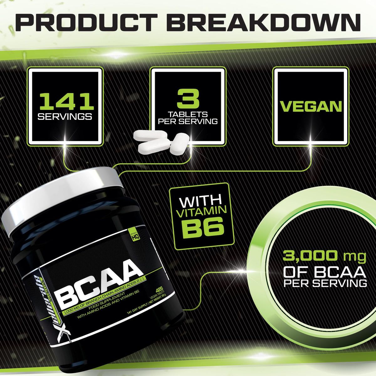 Xellerate NUTRITION BCAA Amino Acid Tablets - 3000mg per Serving - 425 Vegan Tablets not Capsules or Powder - Supplement with Vitamin B6 2:1:1 - Made in The UK - Xellerate Nutrition