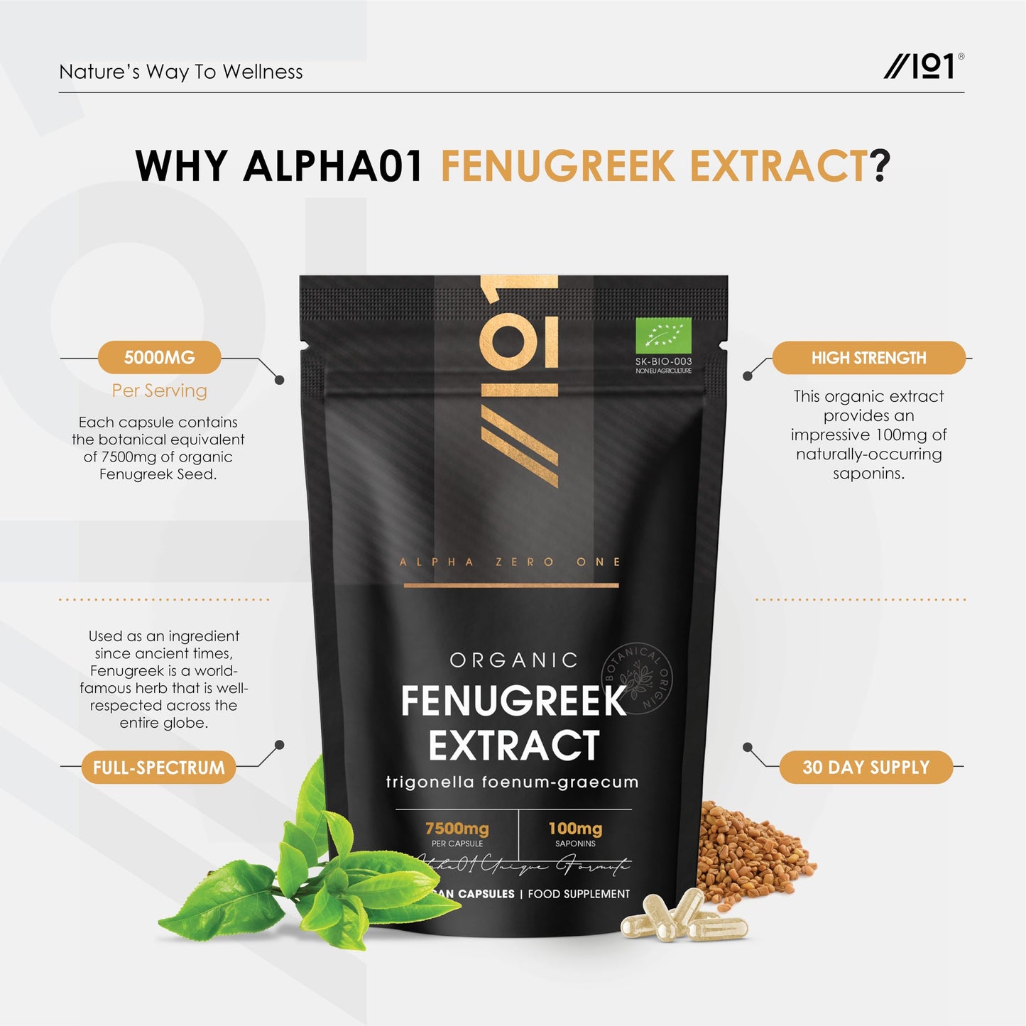 Organic Fenugreek Extract 7500mg - 90 Capsules (V) - High Strength 20% Saponins (100mg) Fenugreek Supplement - 3 Months Supply - by Alpha01
