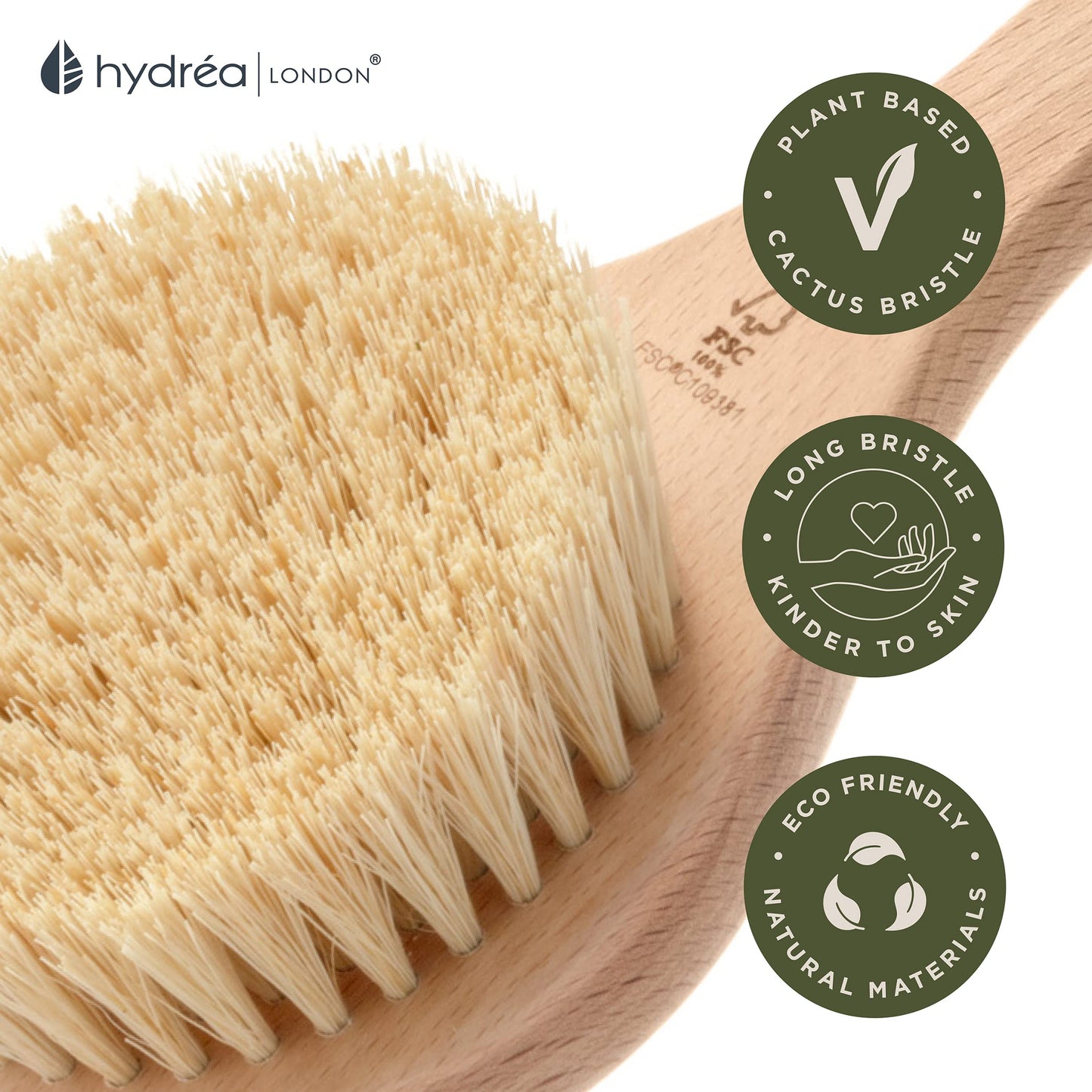 Hydrea London Dry Body Brush - Premium Exfoliating Cactus Bristle Skin Scrubber, Vegan Cellulite Remover for Lymphatic Drainage, FSC® Certified Beechwood