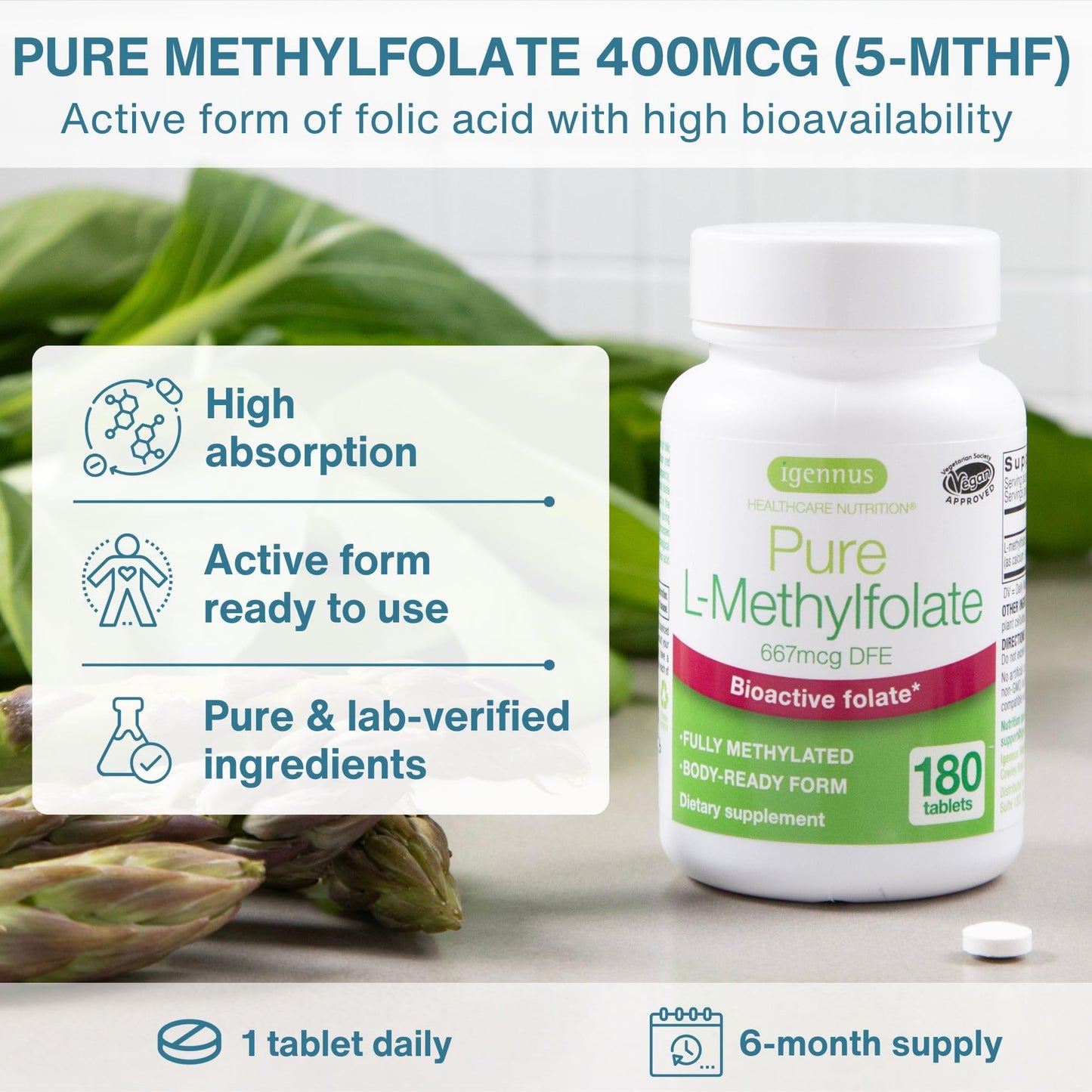 Igennus Healthcare Nutrition Igennus Pure Methyl Folate 400 mcg, 180 Tablets, 5-MTHF Active Folate (B9)