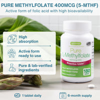 Igennus Healthcare Nutrition Igennus Pure Methyl Folate 400 mcg, 180 Tablets, 5-MTHF Active Folate (B9)