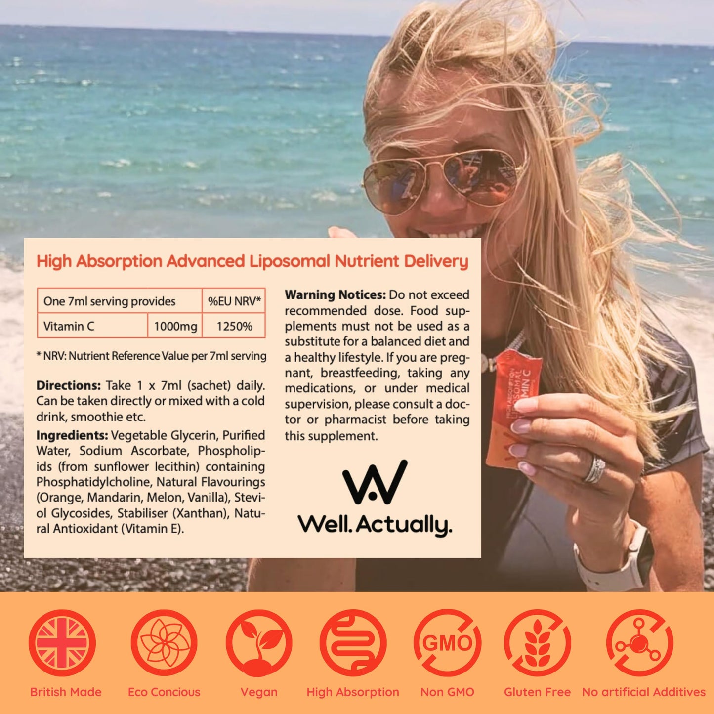 WELL ACTUALLY Liposomal Vitamin C 1000mg Sachets - High Bioavailability Liquid Vitamin C Supplement - Supports Immunity, Skin, Brain, Joints, Energy - Vegan (Packs of 5 Sachets)