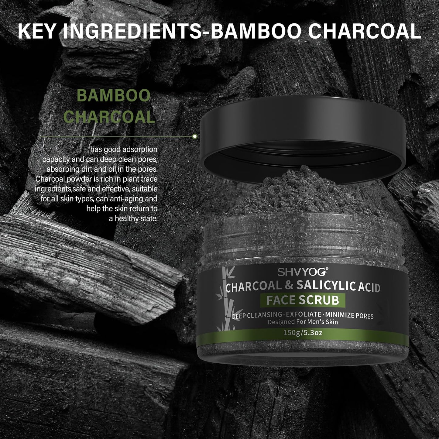 SHVYOG Men's Face Scrub, Bamboo Charcoal Salicylic Acid Face Exfoliant, Facial Peeling Improves Blackheads, Acne, Clogged Pores, Cleansing Oil Control, Pre-shave Care for Men, with Facial Cleansing Brush