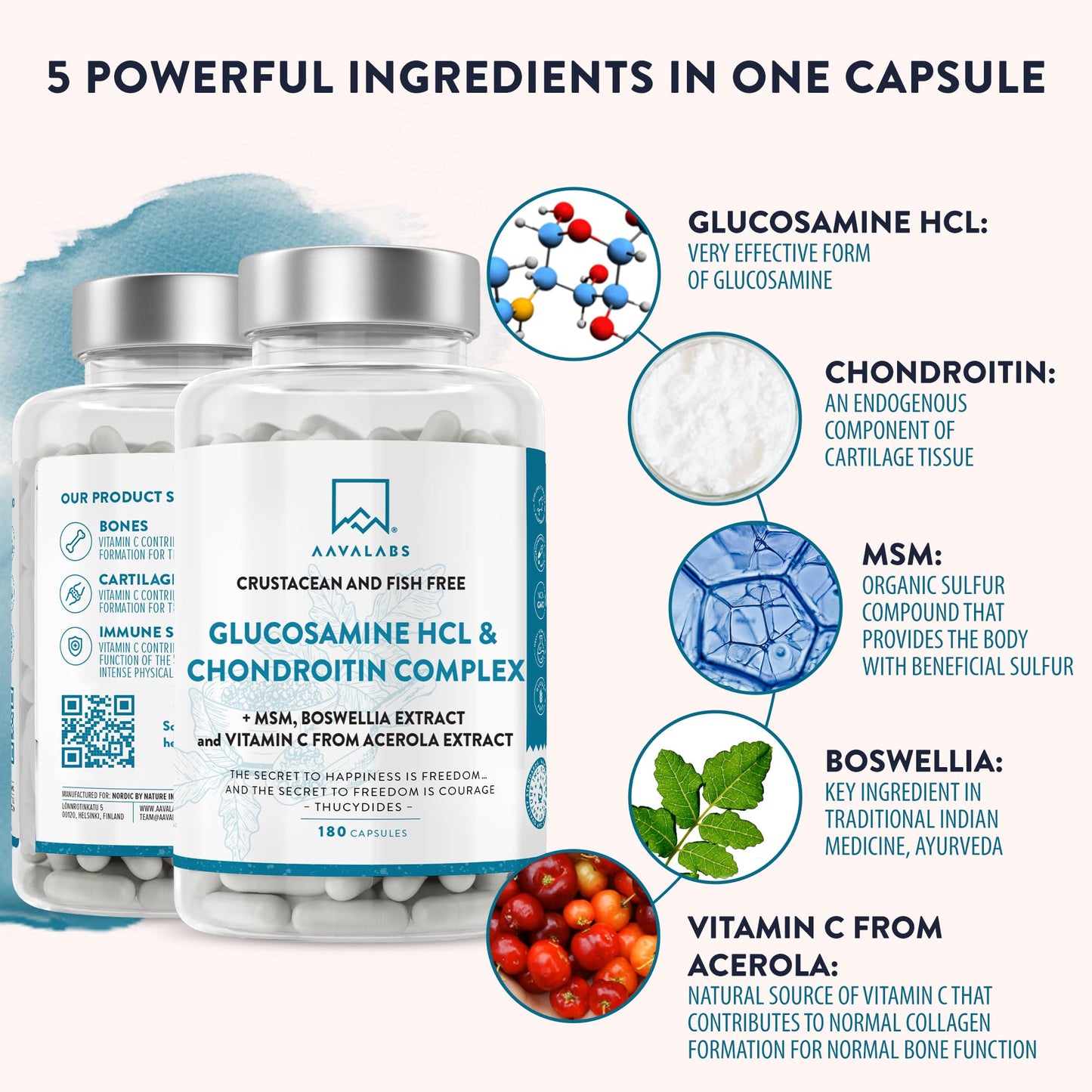 AAVALABS Glucosamine and Chondroitin High Strength with MSM, Boswellia Extract & Vitamin C - Glucosamine Complex - Fish and Crustacean Allergen Free - 180 Capsules (3 Capsules Daily)