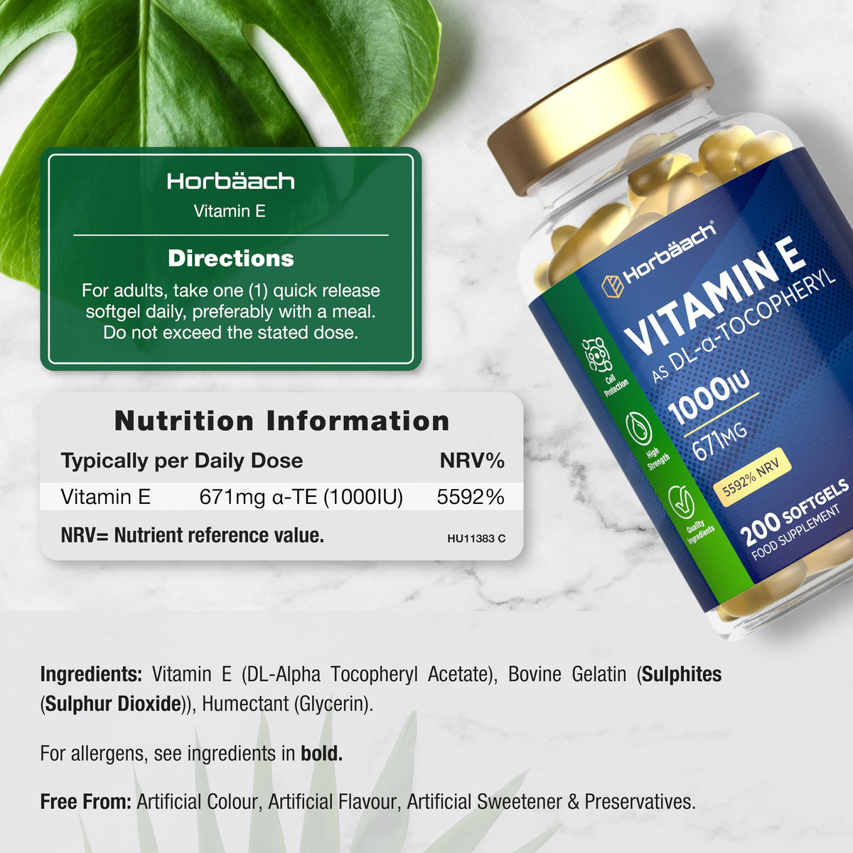 Horbäach Vitamin E Capsules High Strength 1000iu | 200 Count | Vitamin E as DL-Alpha Tocopheryl Acetate | No Artificial Preservatives | By Horbaach