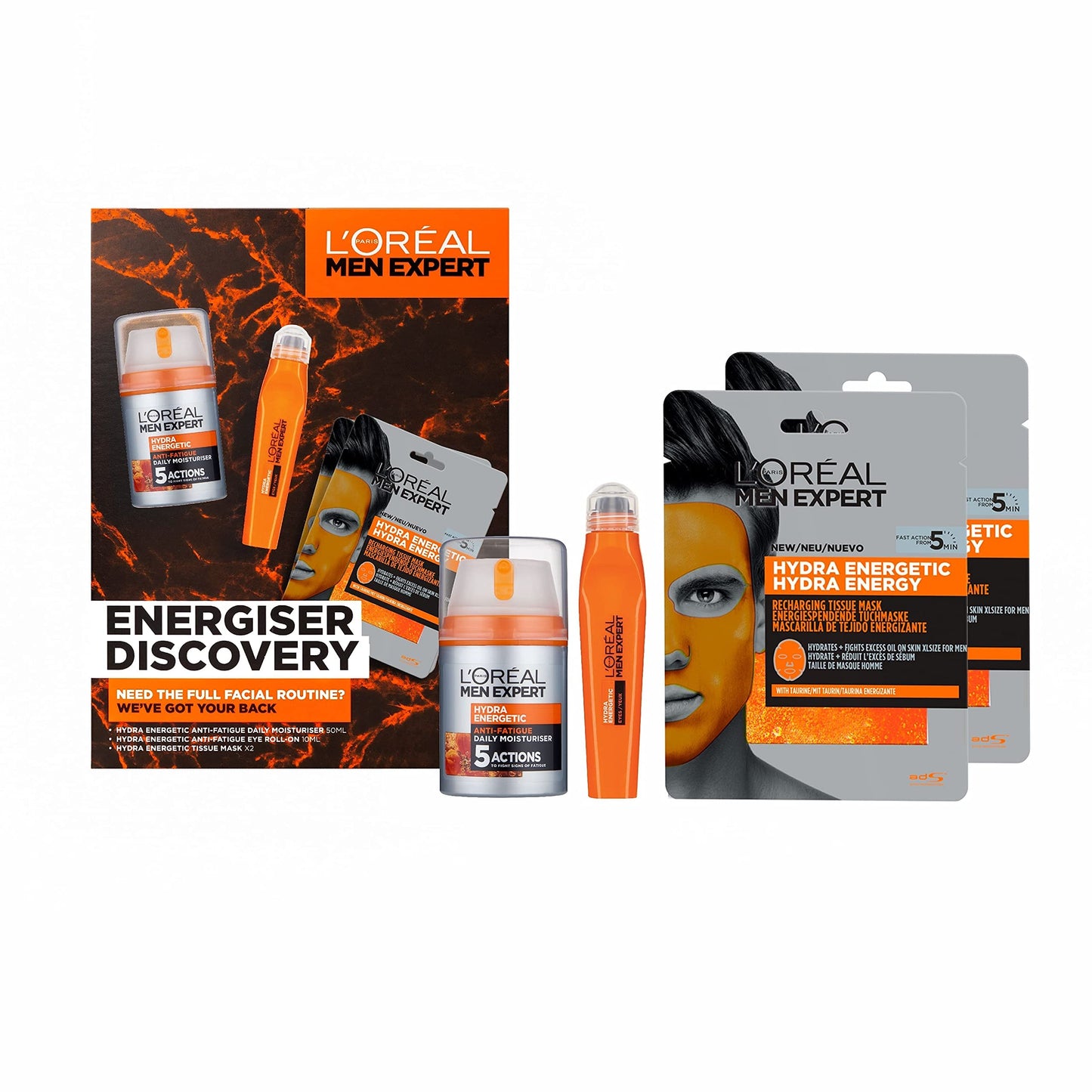 L'Oreal Men Expert L’Oreal Men Expert Energiser Discovery Gift Set, Men’s Skincare Gift For Him Featuring: Hydra Energetic Vitamin C Anti-Fatigue Moisturiser [50ml], Anti-Fatigue Eye Roll-On [10ml] and Sheet Mask x2