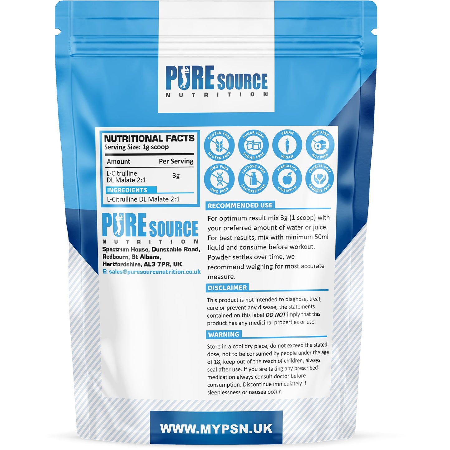 Citrulline Malate Powder 2:1 Non Stim Pre-Workout Supplement, Nitric Oxide Booster Amino Acid Powder L-Citrulline Malate Caffeine Free by Pure Source Nutrition (250g)