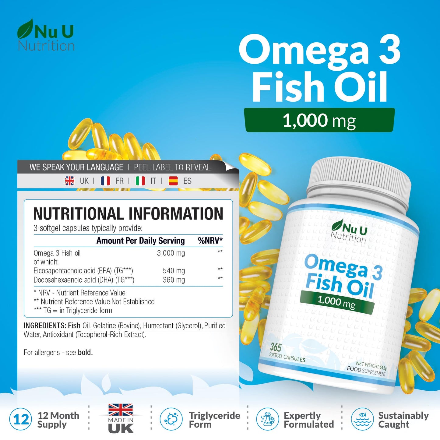 Nu U Nutrition - Omega 3 Fish Oil 1000mg - 365 Softgels (12-Month Supply) High Strength Triglyceride Form Omega3 with 540mg EPA & 360mg DHA per Serving - Wild Caught Fishoil - Not from Cod Liver Oil